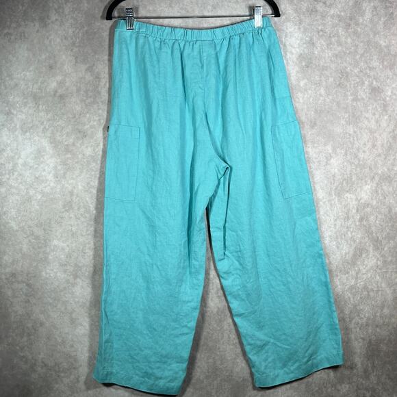 Hot Cotton Pants Womens Medium Blue‎ Linen Cropped Cargo Pockets Travel Vacation - Picture 5 of 10